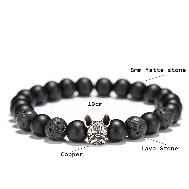 New French Bulldog Bracelet For Men 8mm Natural Lava Tiger Eyes Stone Braclet Beaded Vintage Braslet Homme Camping Accessories