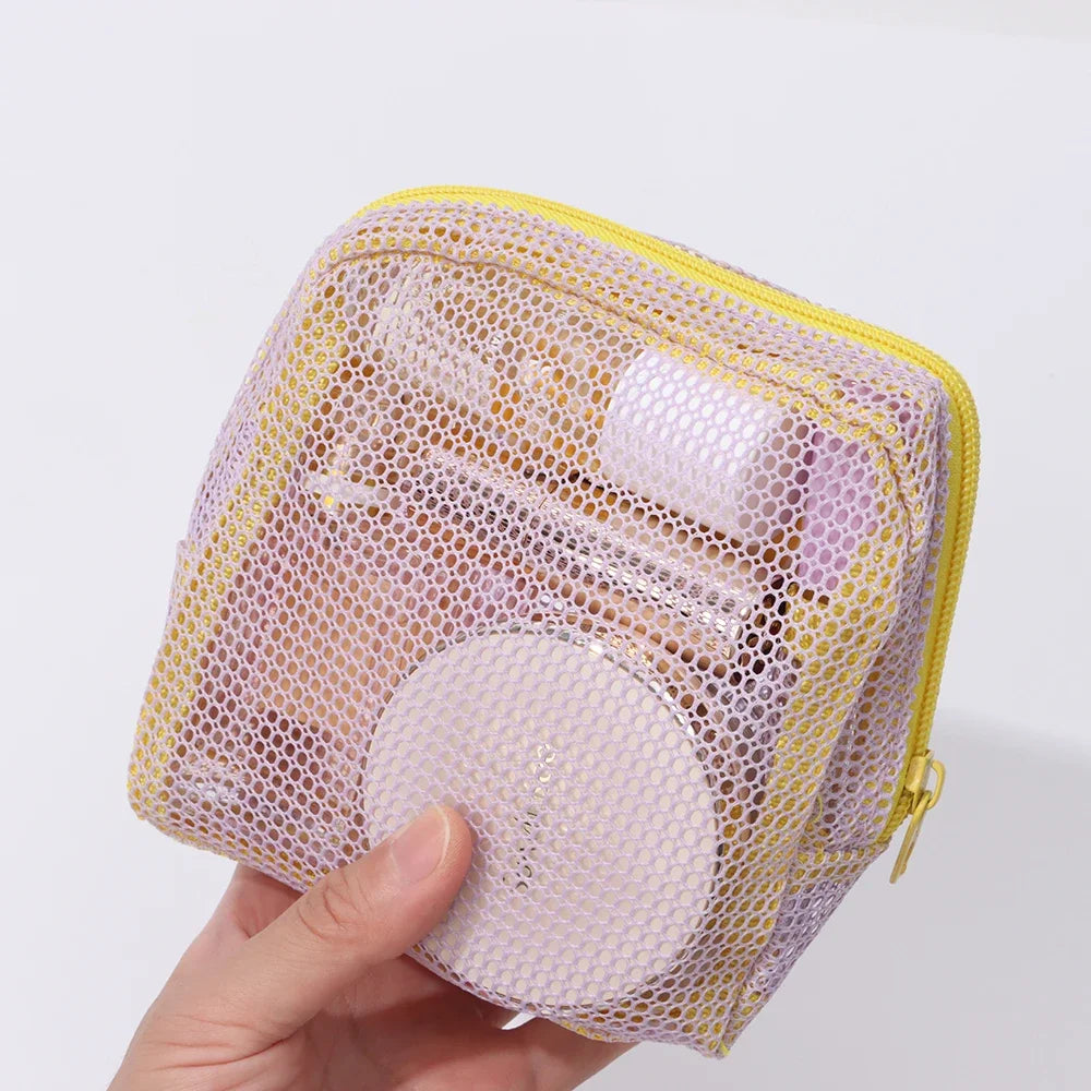 Mesh Cosmetic Bags Cute Women Small Lipstick Makeup Storage Pouch Data Line Key Earphone Organizer Case Square Toiletry Bag