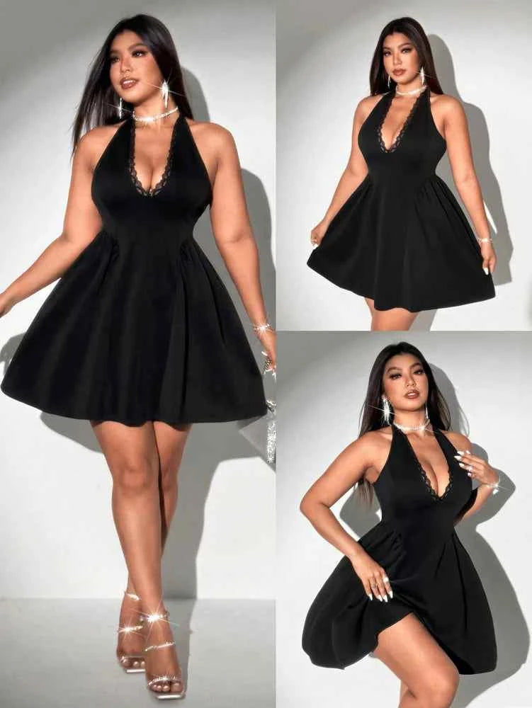 Plus Size Spring/Summer New Arrival Dress V-neck Sensual Lace-trimmed Sleeveless Puff-skirt Evening Gown Solid Colour