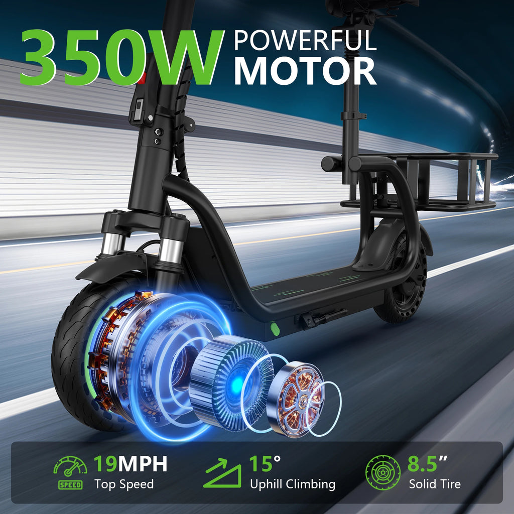 MAXSHOT 8.5'' Electric Scooter with Seat & Basket 15miles Max Range 19MPH Max Speed Foldable Adult E-scooter LED Lights 265lbs Max Load