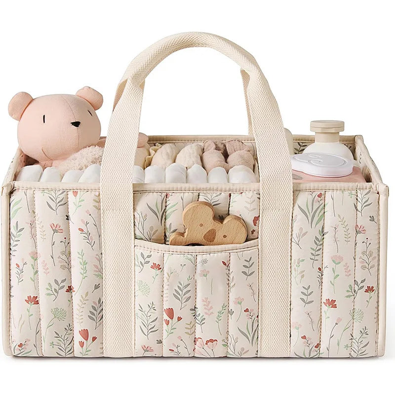 Diaper Caddy Organizer, Stylish Nursery Storage Basket, Gift for Baby Shower, Newborn Essentials, Floral Beige