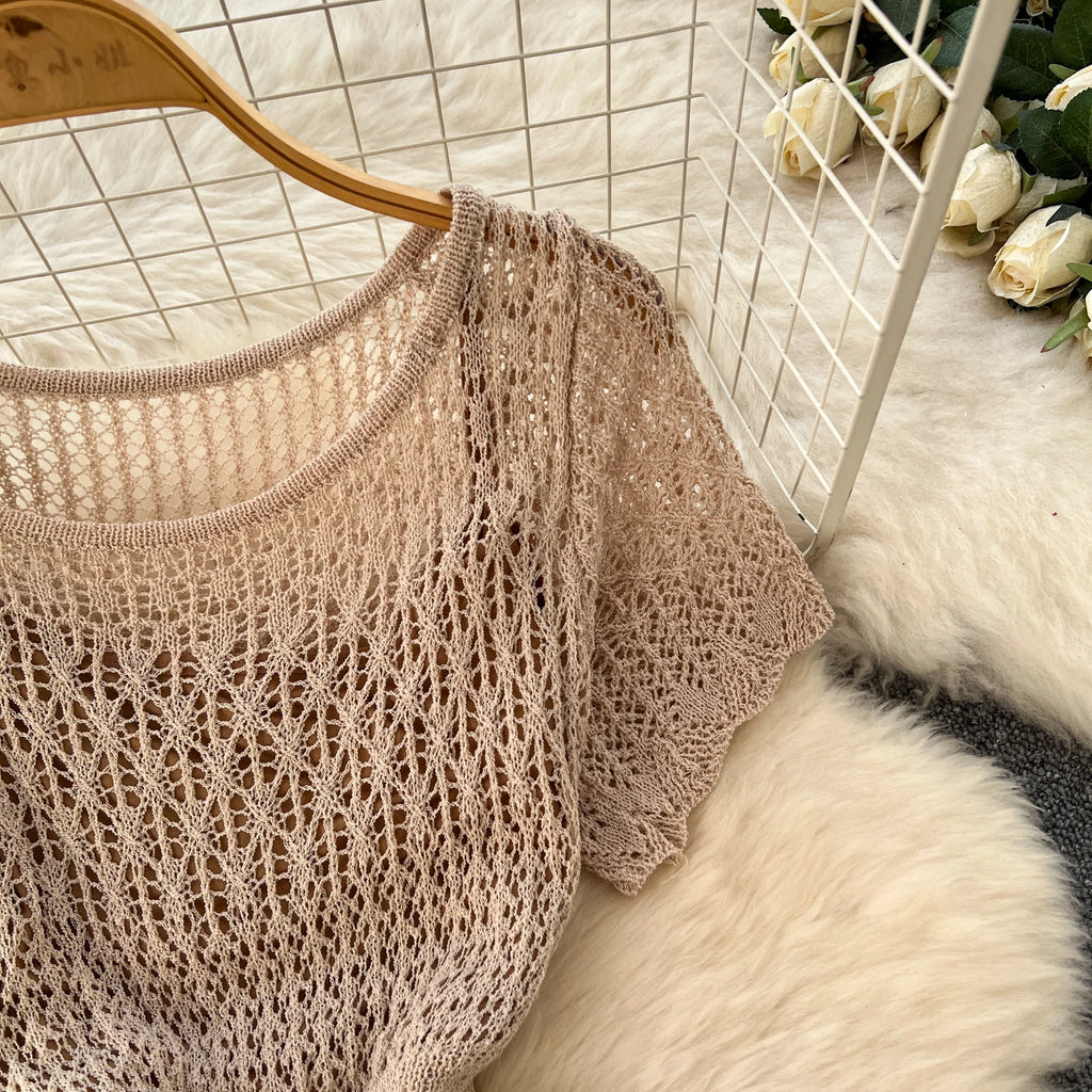 Women Hollow Knitted Dress Summer Flower Short Sleeved Fishtail Bodycon Dress with Camisole Dresses Vintage Party Long Robe