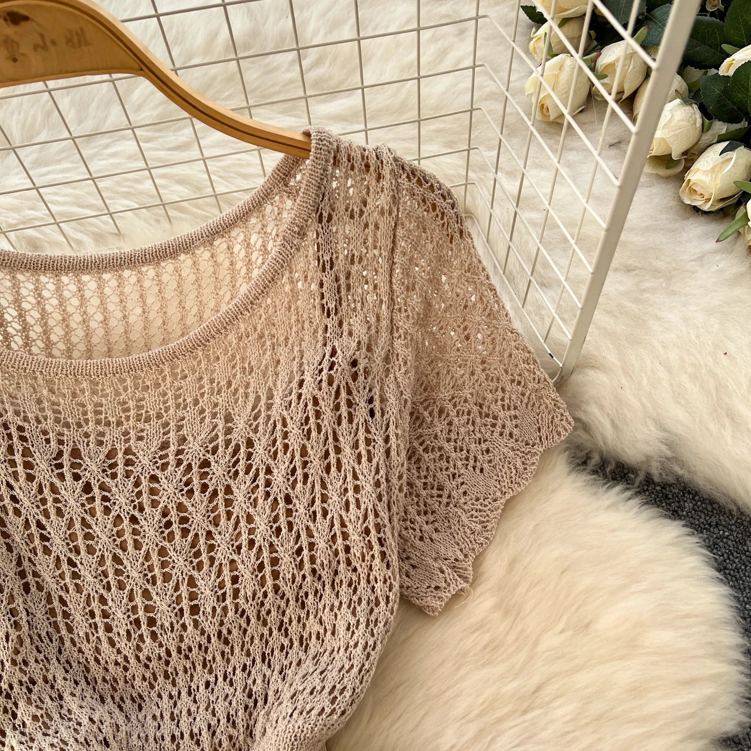 Women Hollow Knitted Dress Summer Flower Short Sleeved Fishtail Bodycon Dress with Camisole Dresses Vintage Party Long Robe