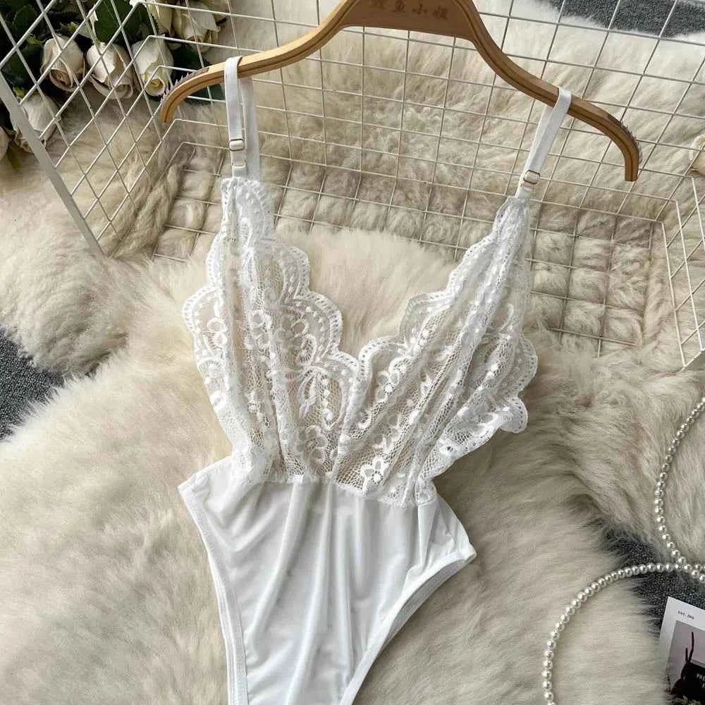 Women's V-neck Sexy Elegant Lace Camisole Jumpsuit Hollowed Transparent Tight Fitting Pajama Adjustable Shoulder Straps Hotsweet
