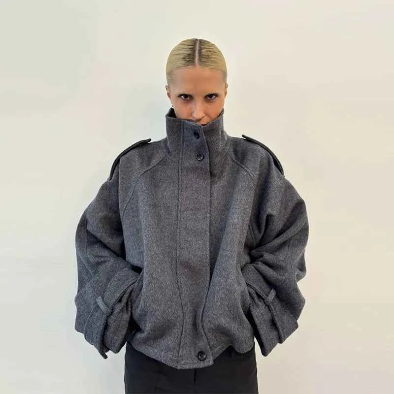 Elegant Women's Short Woolen Coats Stand Collar Double Breasted Long Sleeve Female Jacket 2025 Autumn Winter Lady Warm Outwear