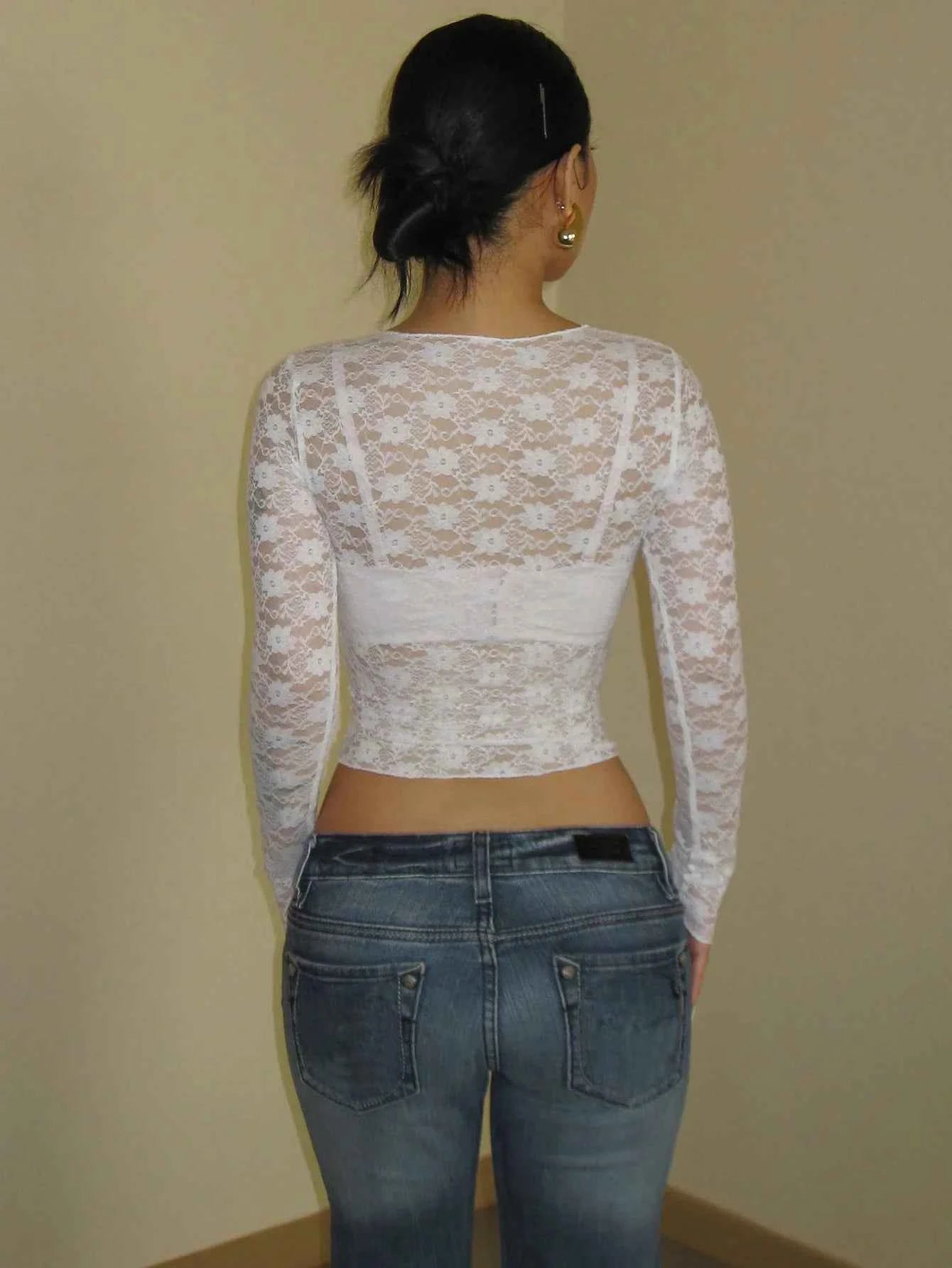 Mooyufon Long Sleeves See Through Lace Crop Top Solid Sexy Bodycon T-Shirt For Women Party Club Autumn Winter Clothes