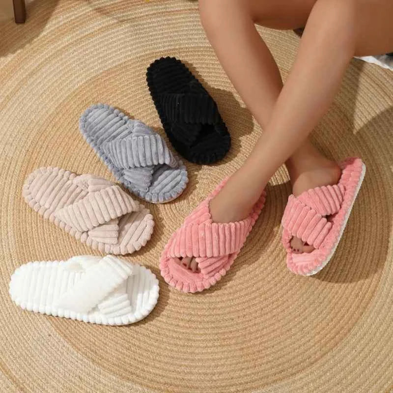 Fashion Corduroy Cross Band Home Slippers Women Spring Autumn Warm Plush Slides Woman Indoor Bedroom Soft Sole Cotton Slippers
