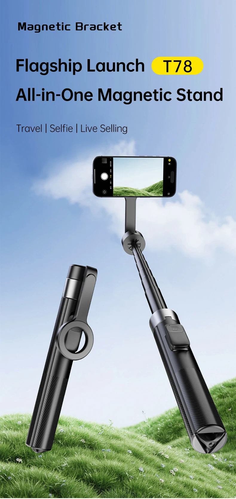 1.8m Extendable Double-sided Magnetic Phone Selfie Stick with Remote Auto-Open Tripod for iPhone 17/16/15 Live Streaming Vlog