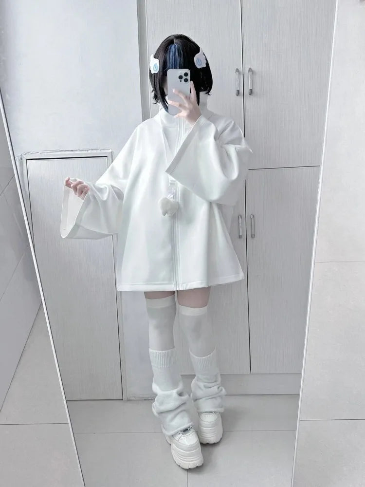 2025 Ropa Mujer Streetwear Coat for Women's Japanese Y2k Clothing Fashion White Zipper Outwear Tops Casual Stand Neck Jackets