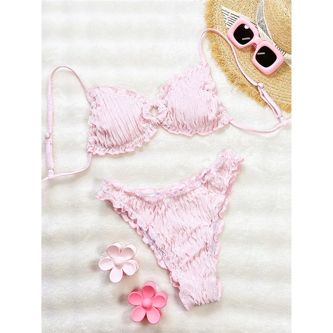 Wrinkled Crinkled Frilled Bikini Female Swimsuit Women Swimwear Two-Pieces Bikini Set Brazilian Bather Bathing Suit Swim V8053