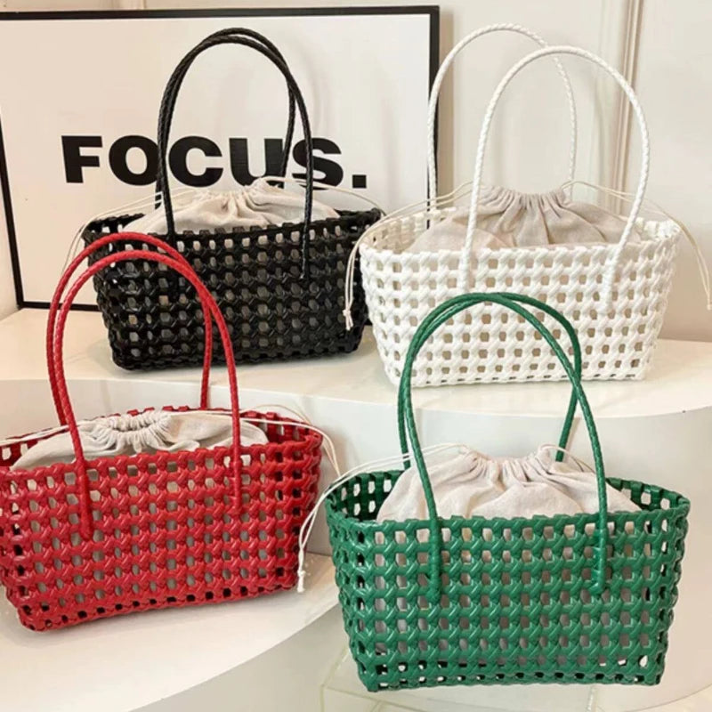 1pcs Plastic Hollow Weave Bag Countryside Style Large Capacity Beach Tote Bag Bucket Bag Bohemian Style Woman PVC Handbag Summer