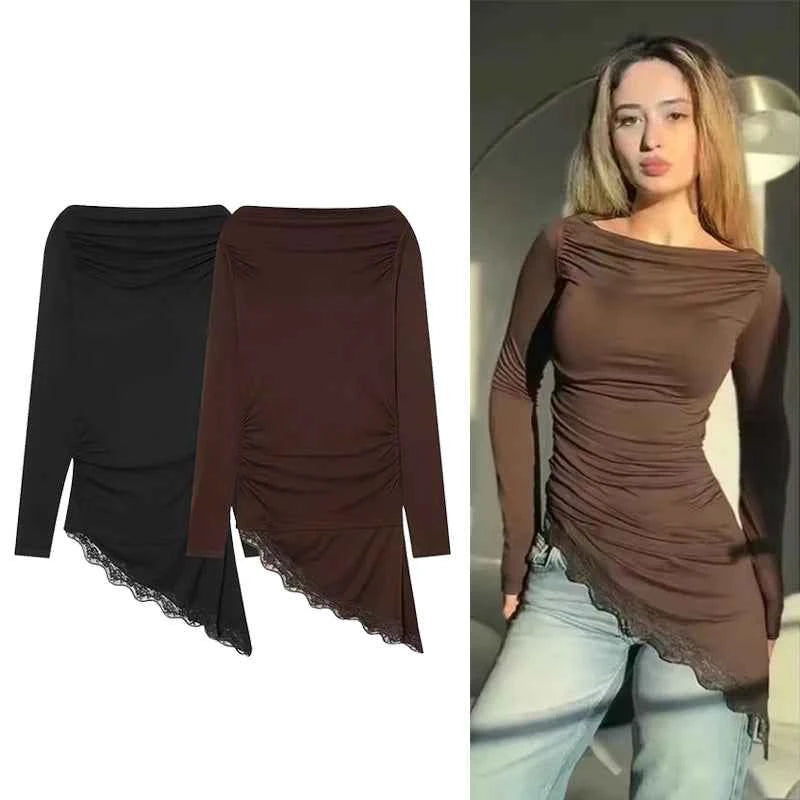 Women's T-Shirts Spring Autumn Fashion Lace Hem T Shirts for Women Asymmetry Streetwear Long Sleeve Slim Casual Tops