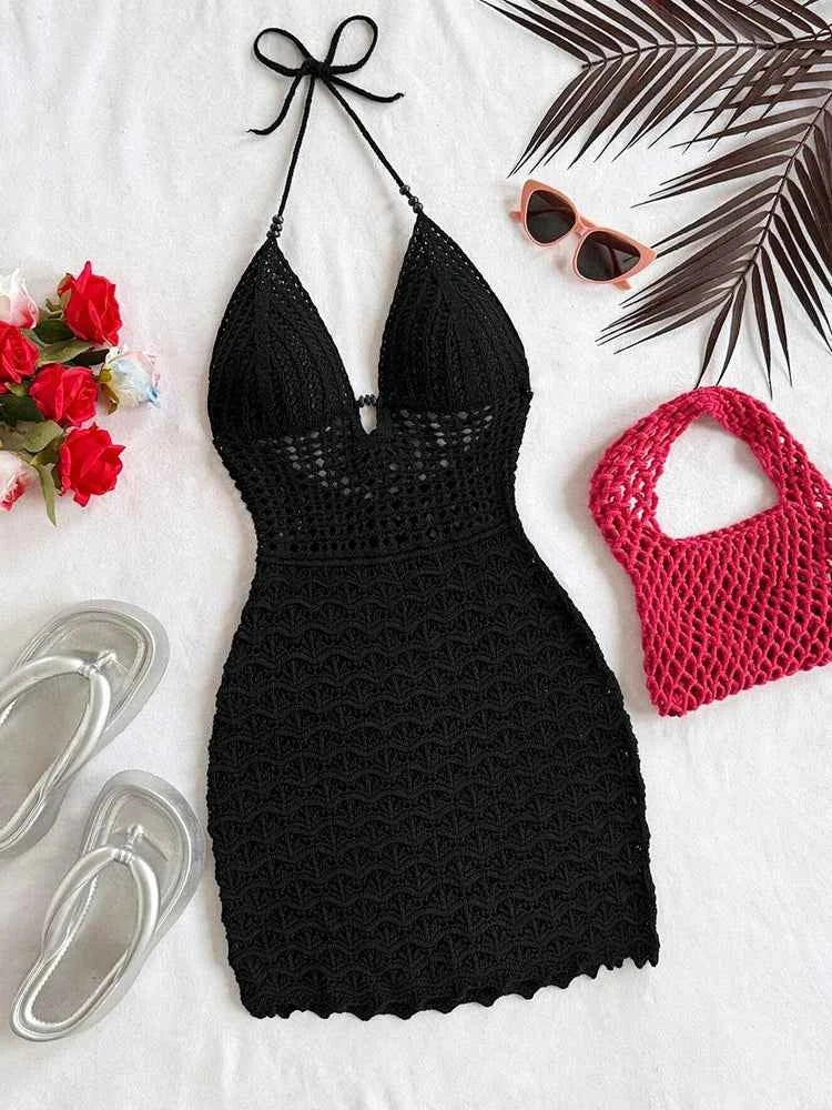 Summer sexy V-neck hollowed out wooden bead slim fit dress with vacation straps and strapless gradient color knitted dress