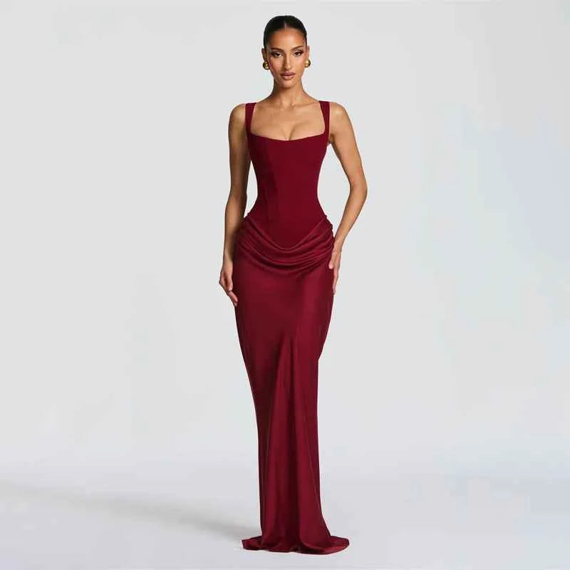 Yellow Strapless Pleated Dress Women Elegant Sexy Sleeveless Waist Cinching Split Maxi Gowns 2026 Lady New Evening Party Dresses