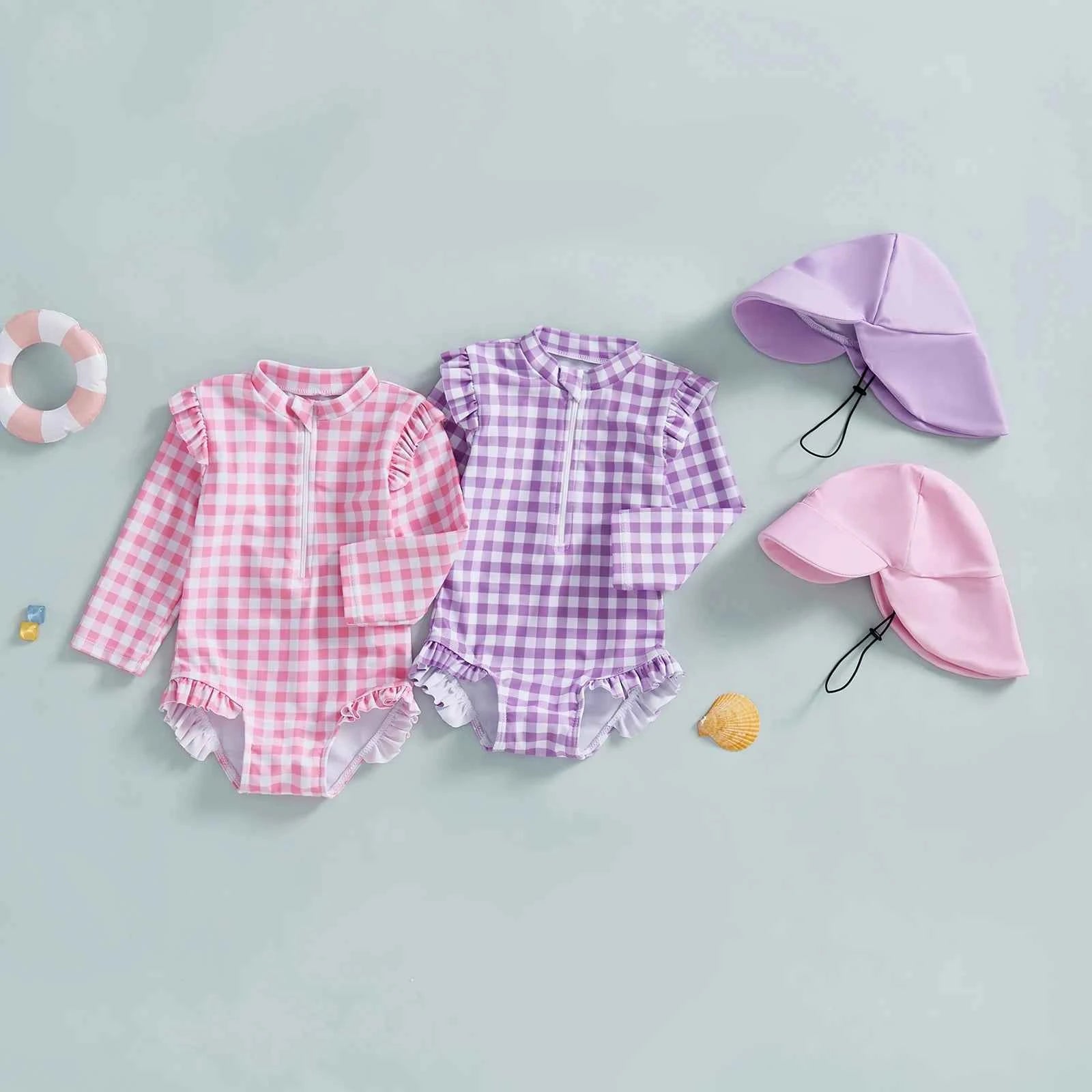 MISOWMNJOY Plaid Print New Girls Swimwear Summer Kids Swimsuit with Hat Zip Up Long Sleeve Crew Neck Baby Girls Swimming Suit