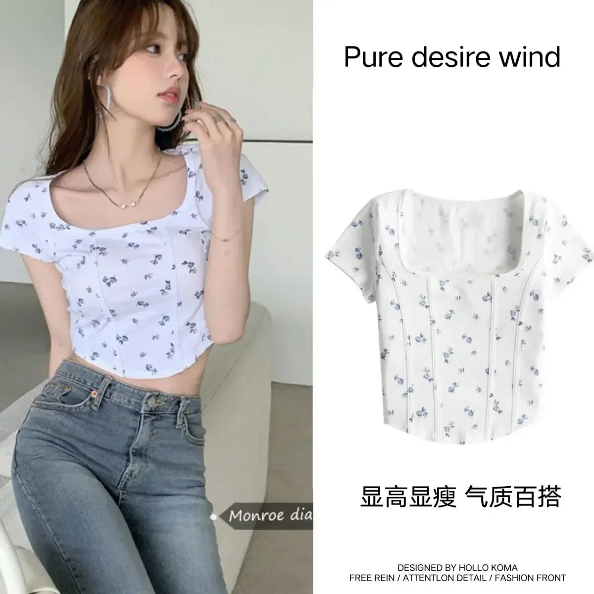 T Shirt Crop Top Women Summer 2026 Flowers Print Cotton Square Collar Pullovers Woman Short Sleeve Tees Slim Fit Sexy Top Female