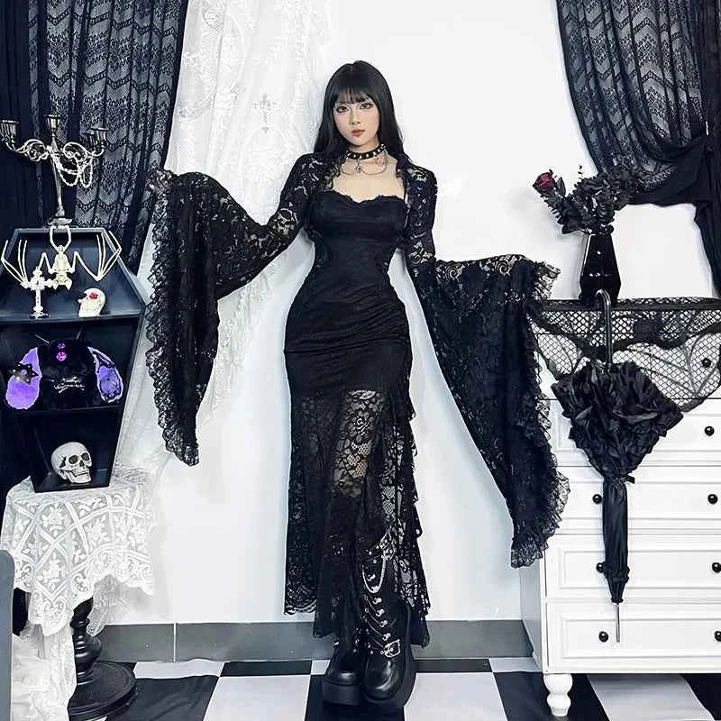 Gothic Classic Lace Cover Ups Women Mesh Crop Top See Through Sexy Flare Sleeve Blouse Y2k Black Rave Outfit Festival