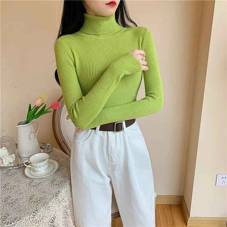 2026 Autumn Winter Women Long Sleeve Knitted Foldover Turtleneck Ribbed Pull Sweater Soft Warm Femme Jumper Pullover Clothes