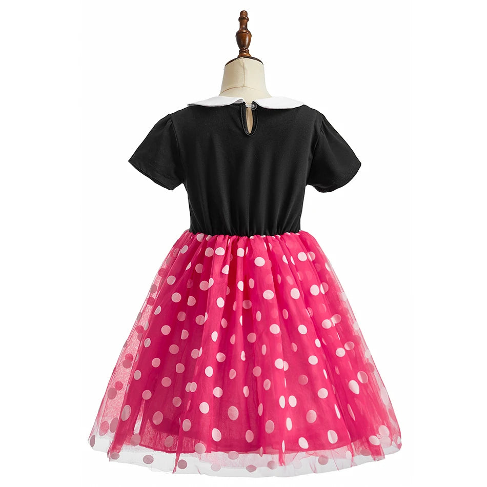 Children Casual Clothes Summer Short Sleeve Dots Girls Dress Kids Peter Pan Collar Cute Birthday Costume with Mouse Ear Headband