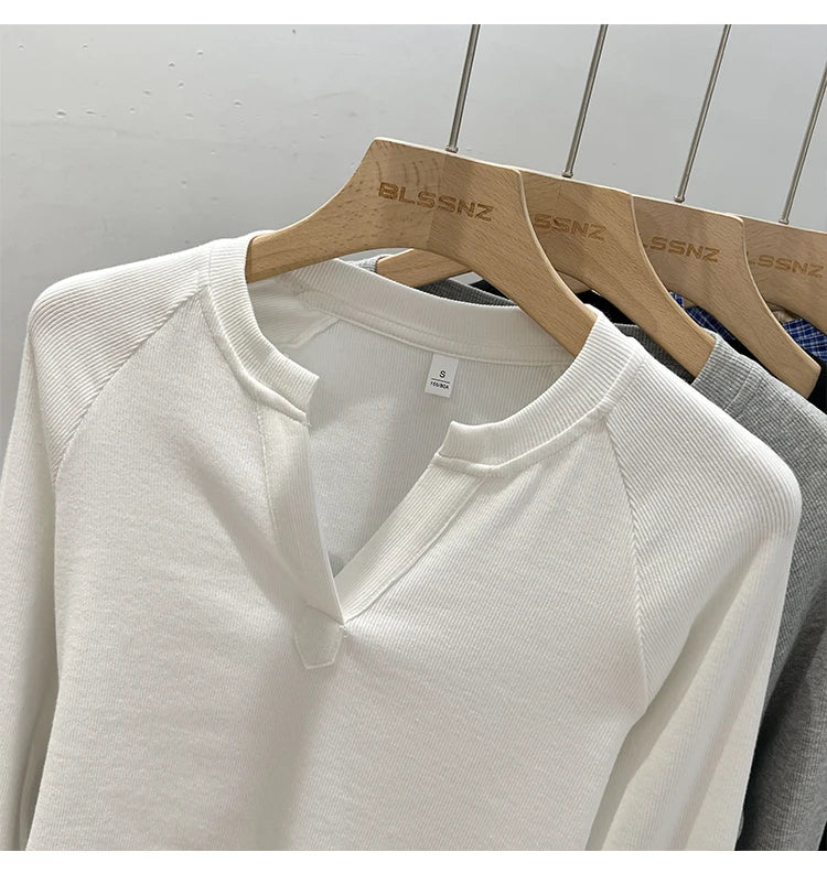 2026 Women's Basic Style Slim Fit V-Neck Long Sleeve T-Shirt Korean Style Versatile Simple Base Layer Top Casual Tee for Women