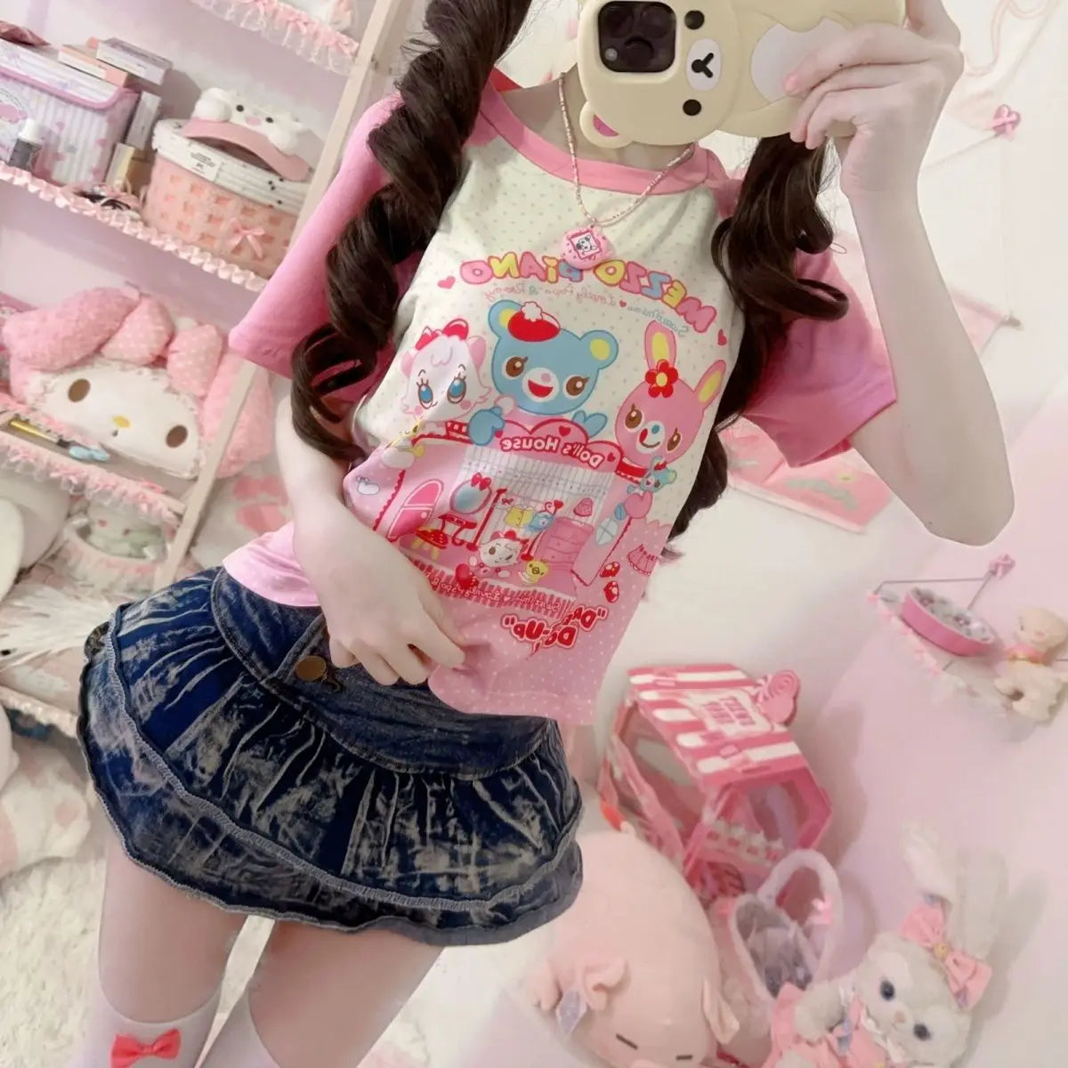 Cute Cartoon Short Sleeve T-Shirt for Girls Sweet Style Print Design Japanese Anime Fun Soft Material Straight Cut Fit