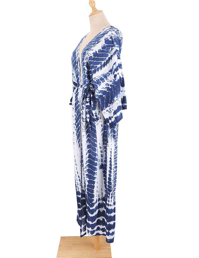 Long Kimono Swimsuit Cover up for Women Stylish Tie Dye Open Front Beach Outfits Bathing Suit