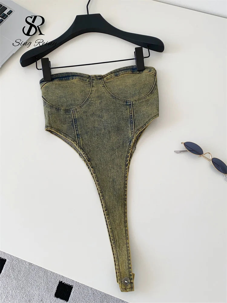 SINGREINY Hot Girl American Retro Sexy Top Female 2026 Minimalist Sleeveless Edgy Beach Bodysuit Strapless 1950s Denim Tank Top