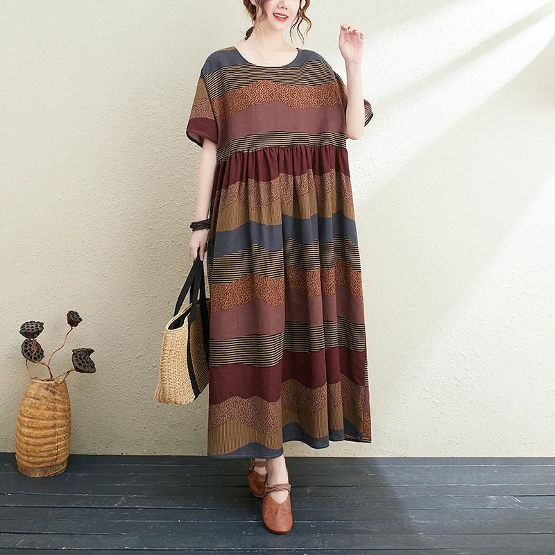 2026 New Summer Cotton Linen Short Sleeve Vintage Striped Print Dresses For Women Long Fashion Dress Elegant Vestidos Robe Femme