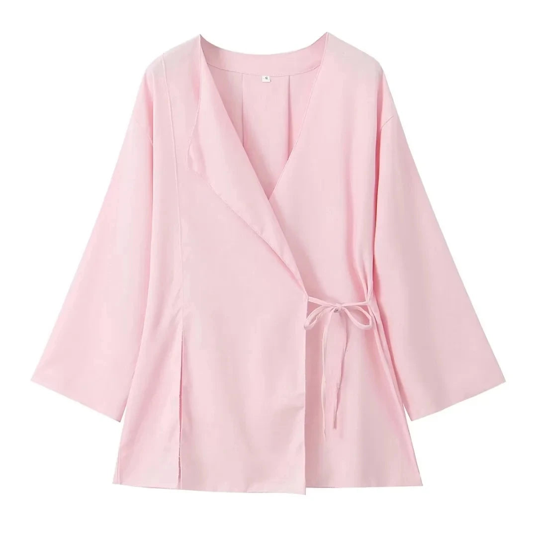 HH Pajama Style Pants Sets Women Fashion Kimono Style Lace Up Shirt Top Elastic Waist Trousers Women's Casual Outfits