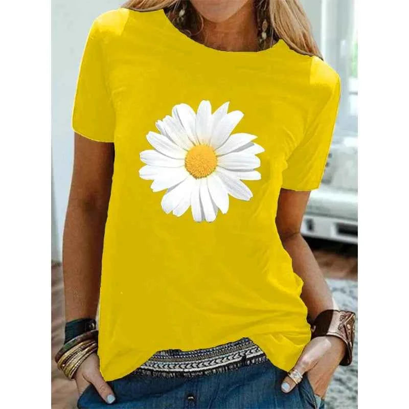 Cotton  100% Women's Round-neck Daisy Print Short-sleeved T-shirt for Women Harajuku  Aesthetic Clothes  Graphic T Shirts  Tops