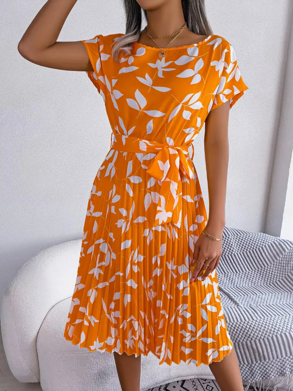Ficusrong Fashion Floral Pleated A Line Long Dress Women Spring Summer Short Sleeve High Waist Chic Dress