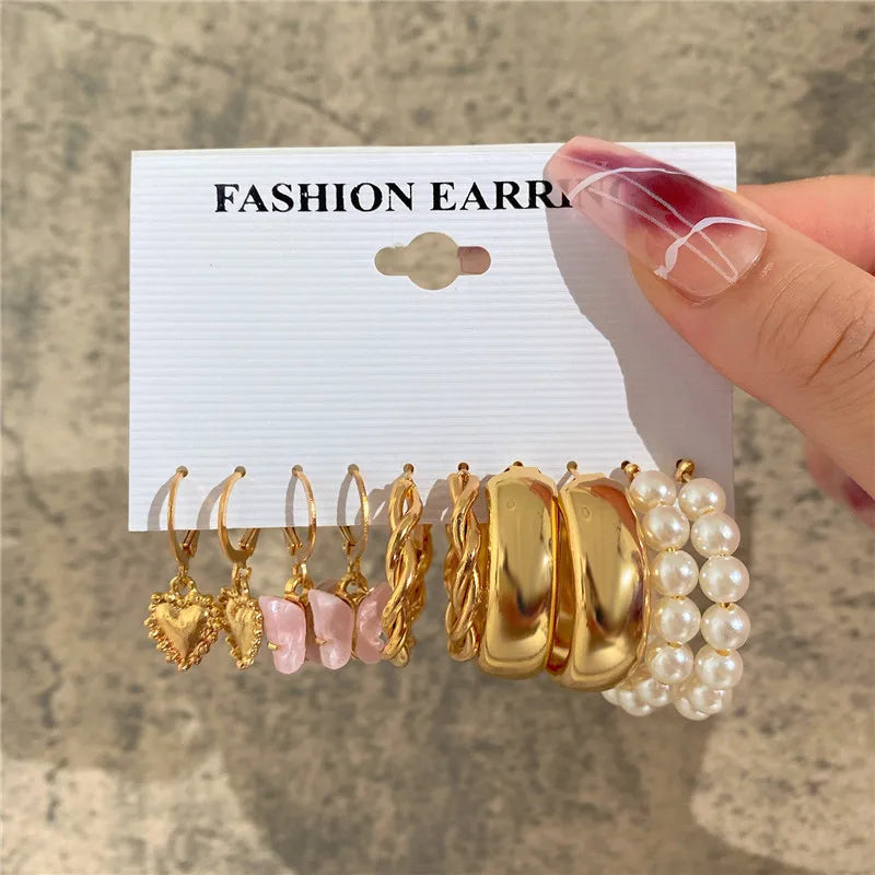 Silver Color Twist Hoop Earrings Set Brincos Heart Pearl Hoops Vintage Metal Geometric Earrings for Women 2023 Trendy Jewerly