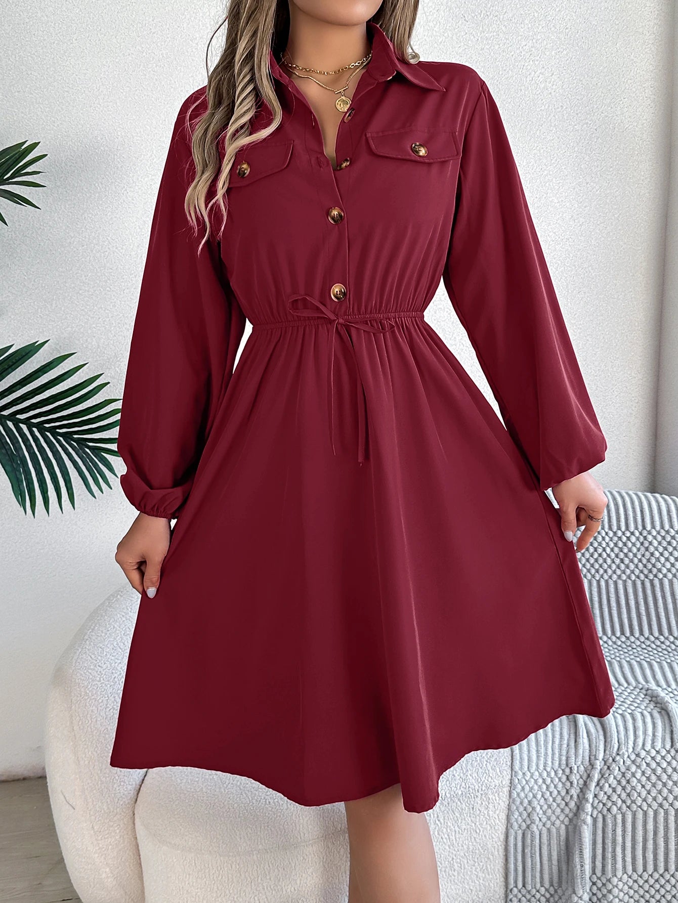 Autumn Winter Dresses for Women Casual Solid Color Button Tie Up Long sleeved Shirt Dress Blue  Green Black Red Woman Clothing