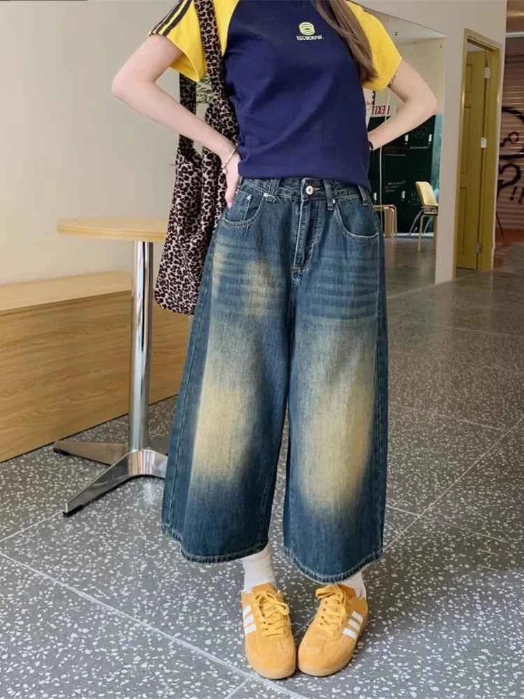 Retro Blue Wide Short Jeans Women Baggy Y2k Jorts Casual Vintage Streetwear Harajuku Korean Style Denim Shorts Basic Summer 2024