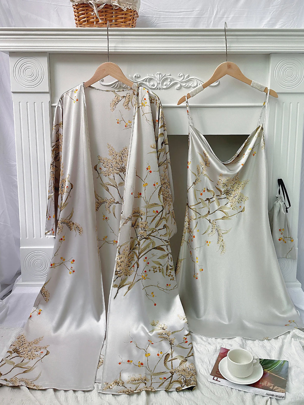 Floral Print Pajama Set Long Sleeve Robe With Belt   V Neck Slip Dress  Women's Sleepwear  Loungewear