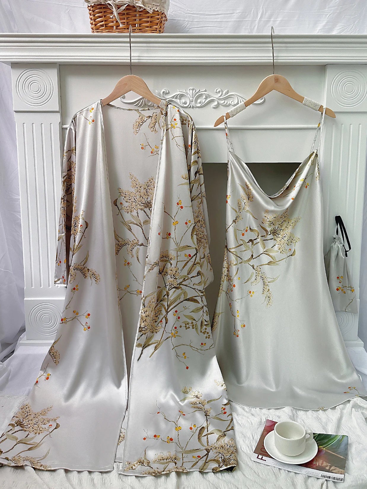 Floral Print Pajama Set Long Sleeve Robe With Belt   V Neck Slip Dress  Women's Sleepwear  Loungewear