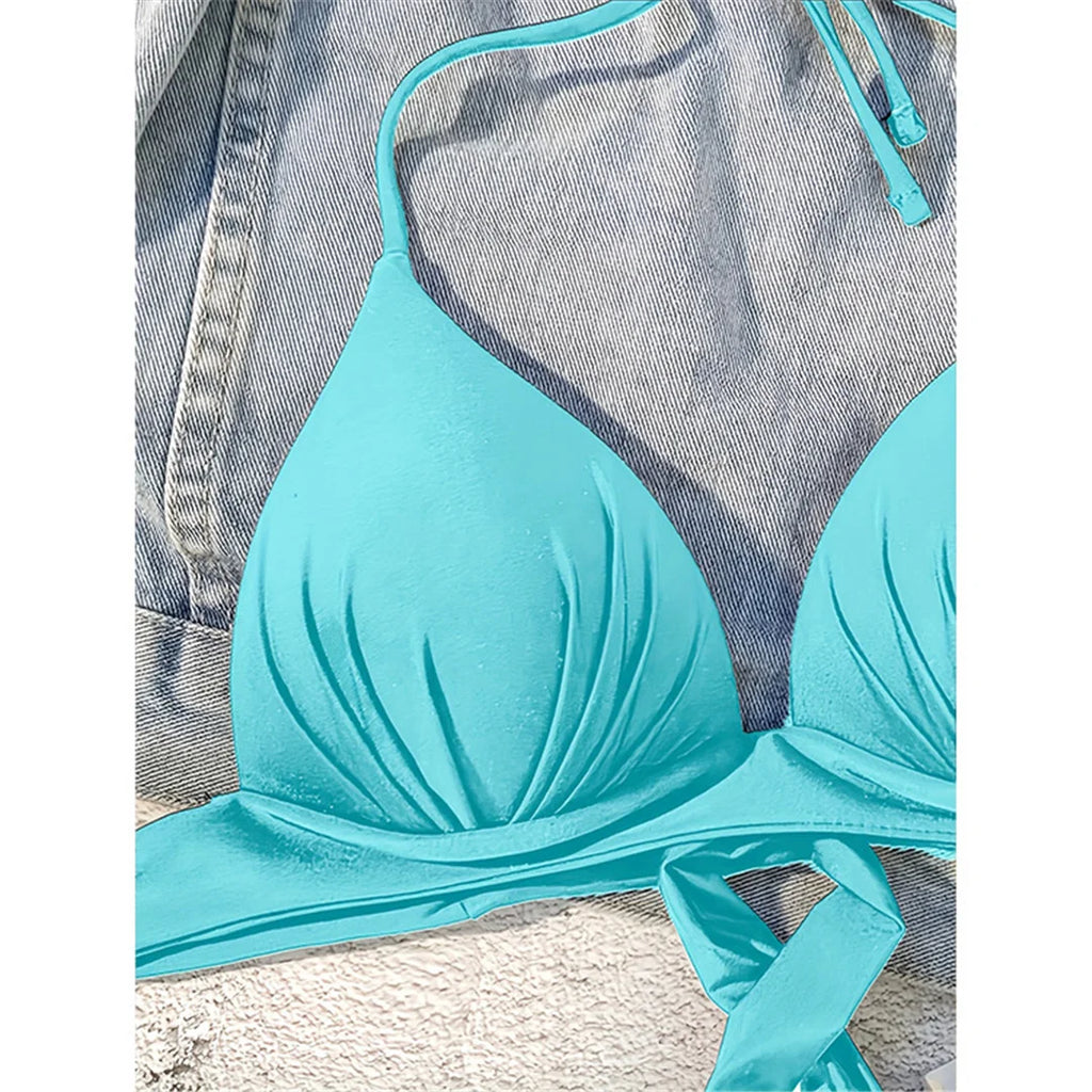 XS - XL New Sexy Push Up Bra Cup Halter Bikini Top Female Swimsuit Women Swimwear Bather Bathing Suit Swim Solid Beach Top V7019