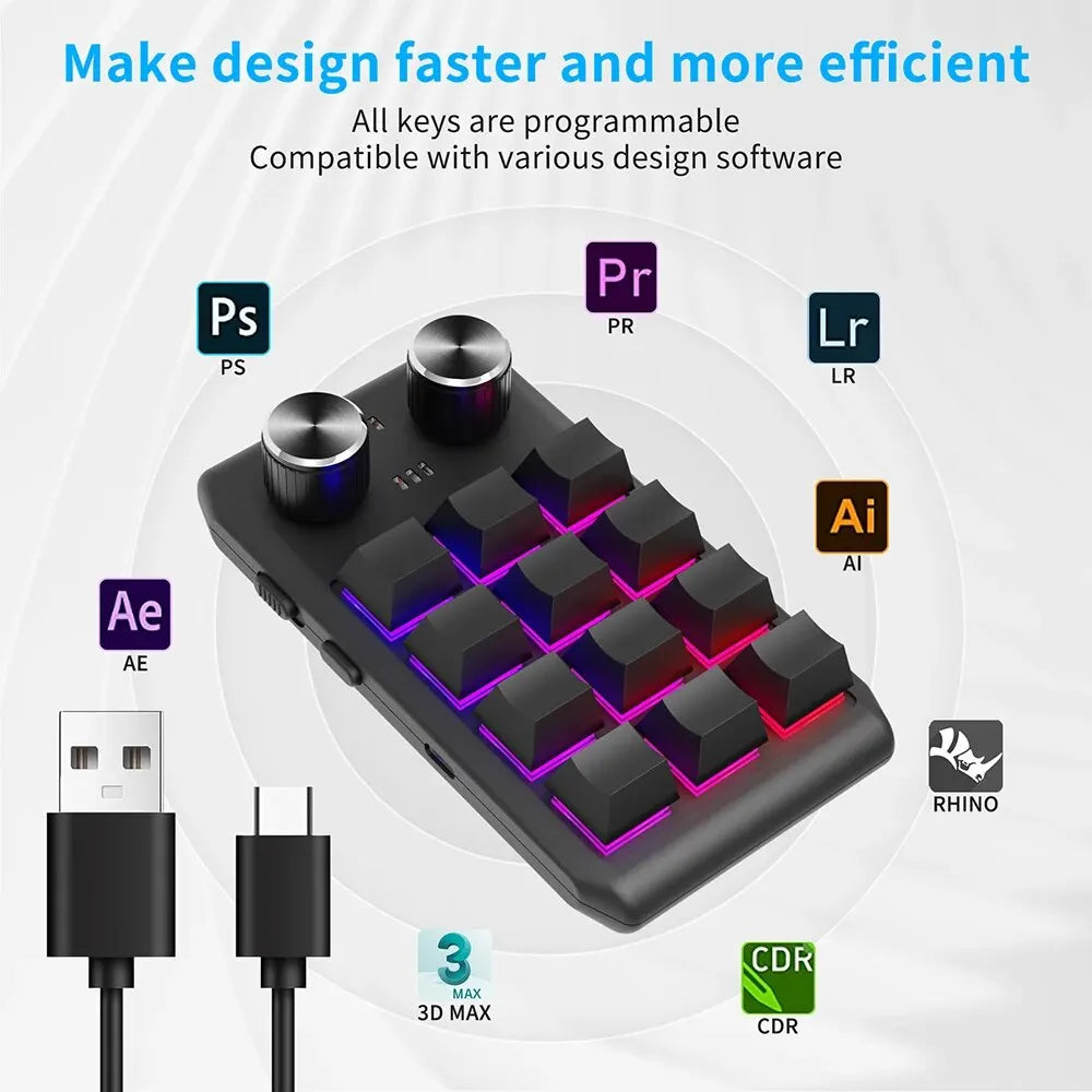 Programming Macro Custom 2 Knob Bluetooth Keyboard RGB 12 Key Copy Paste Mini Button Gaming Keypad Mechanical Hotswap Macropad