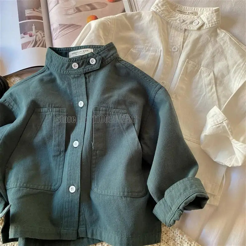Baby Shirt New Band Collar Cotton Long Sleeve Shirt Coat Boys Girls Tops Clothes