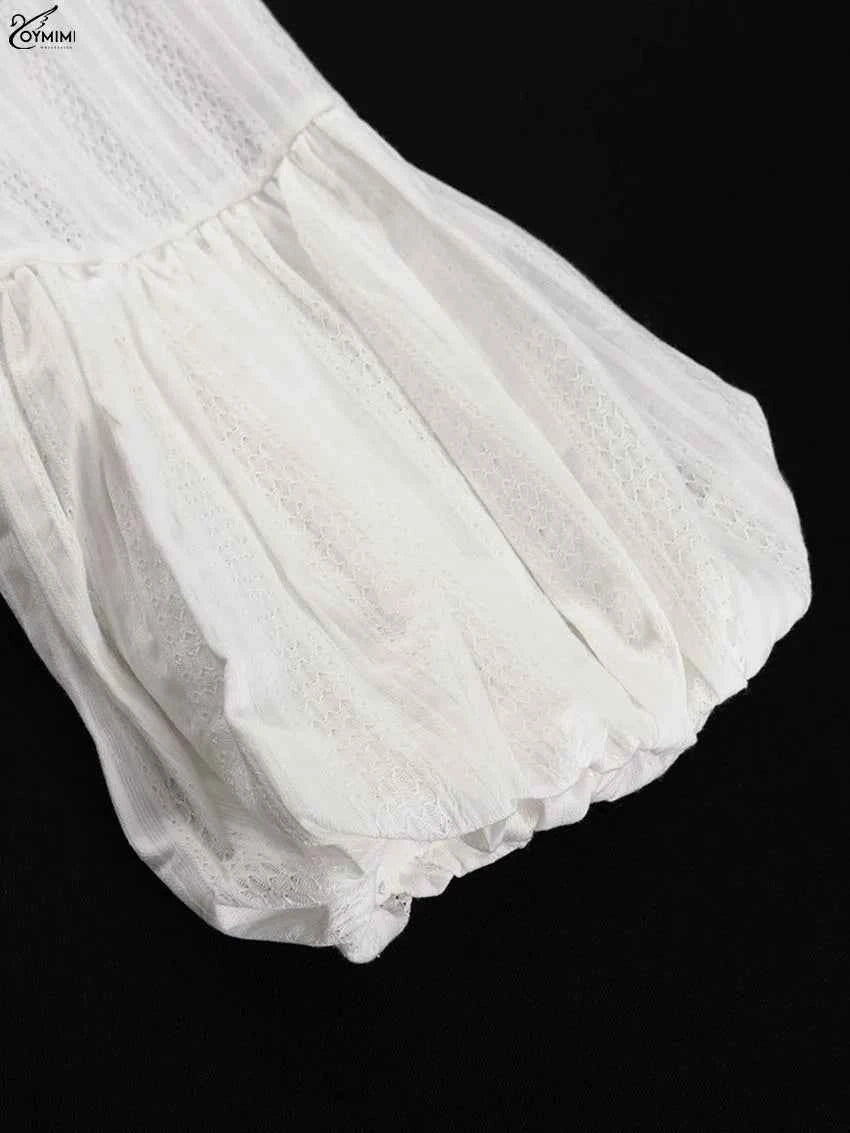 Oymimi Fashion White Cotton Women's Two Pieces Set Elegant Puff Sleeve Loose Lace-Up Shirts And High Waisted Shorts Female Sets