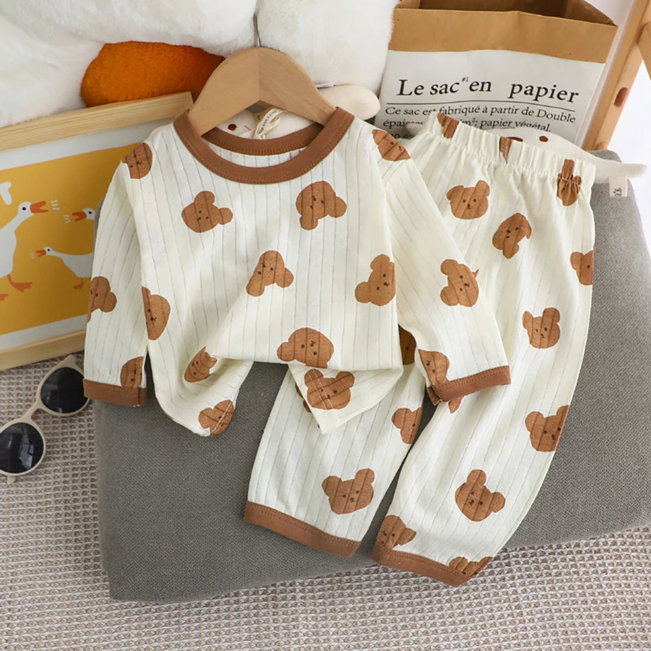 Summer Kids Cotton Pajama Sets Long Sleeve Pants Suitable Baby Gentle Nighttime Comfortable Sleepwear in Air Conditioned Rooms