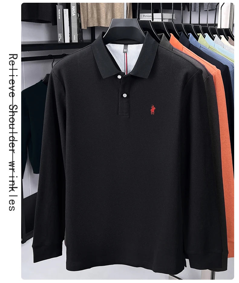 100% cotton high-end brand long sleeve polo shirt new Paul pony embroidery luxury comfort men's business leisure lapel T-shirt