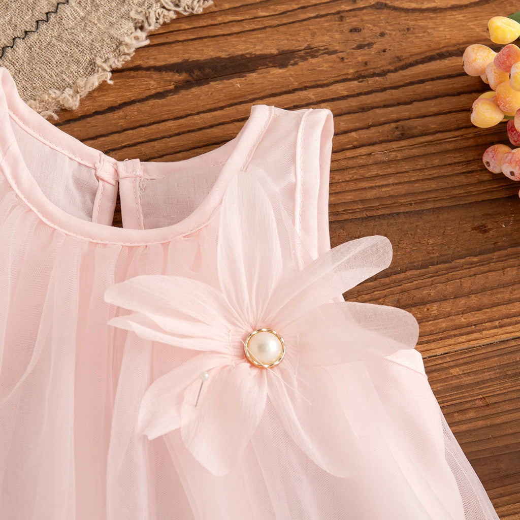 Baby Girl Pink Dress Flower Sweet Sleeveless Feather Gauze Princess Dress Wedding Party Dress for Kids Girl
