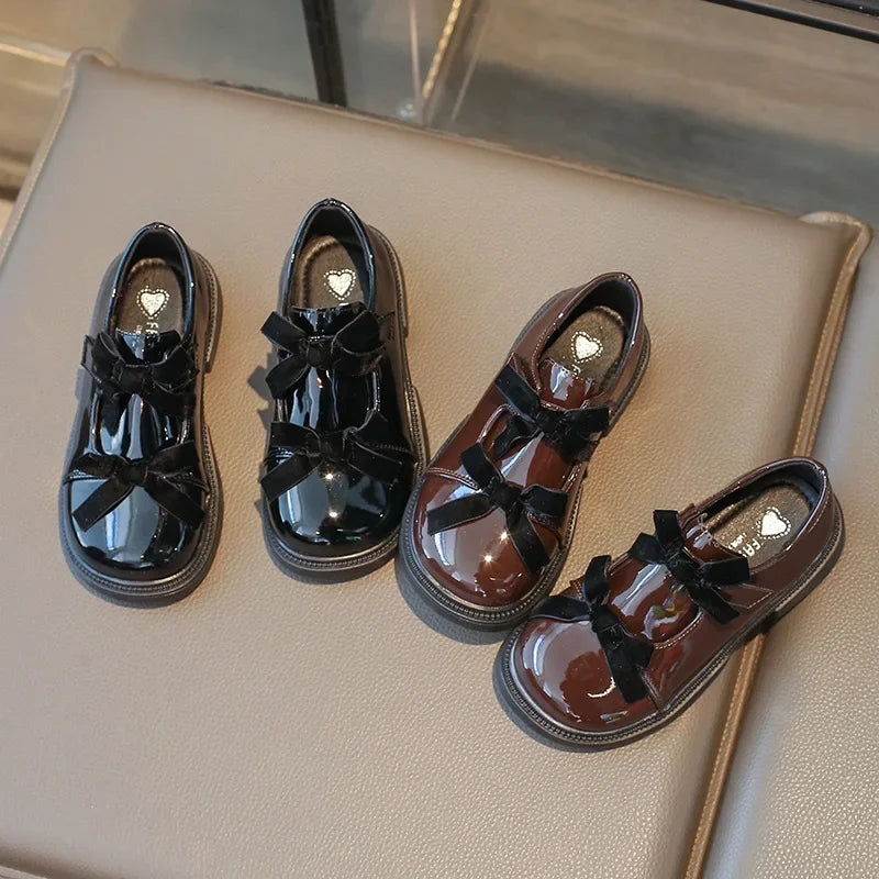 Chic Girls Black Mary Jane Shoes with Double Bowknot Spring Autumn Kids Princess Leather Shoe Fashion Causal Children Flat Shoes