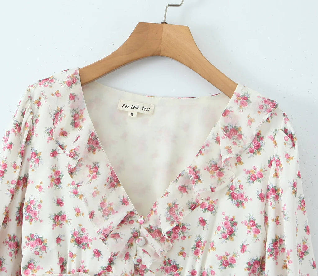 2025 Women White Pink Flower Print Puff Long Sleeve Dress Open Buttons Wood ears Ruffles Hem Mini Shirt Dresses Holiday Robe