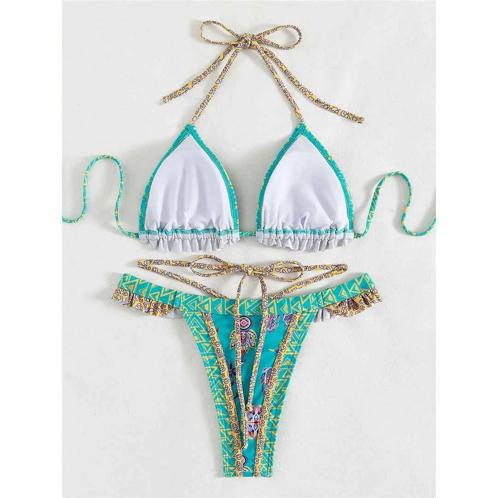 5 Colors Sexy Printed Halter Frilled Bikini Women Swimwear Female Swimsuit Two-pieces Bikini set Bather Bathing Suit Swim V4651