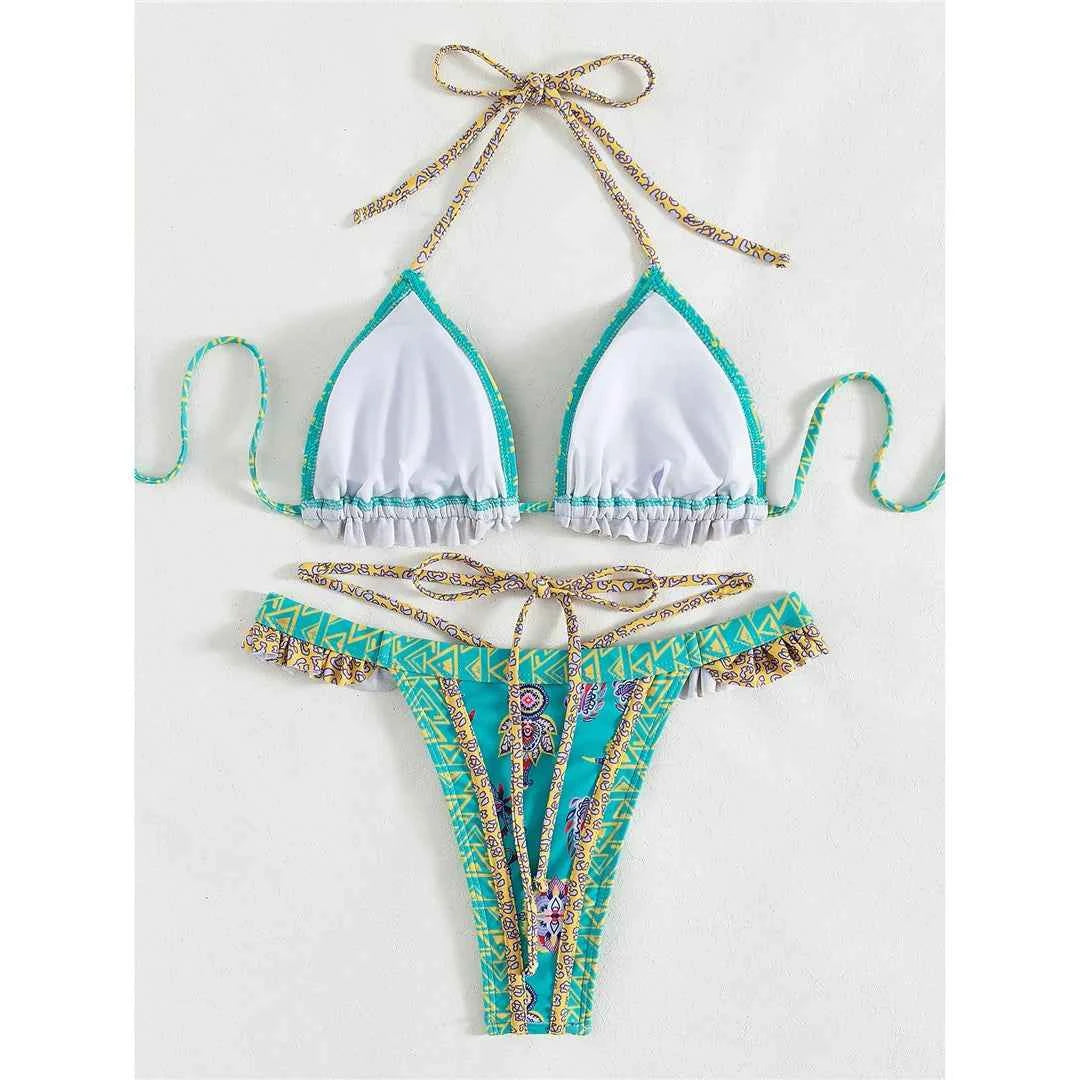 5 Colors Sexy Printed Halter Frilled Bikini Women Swimwear Female Swimsuit Two-pieces Bikini set Bather Bathing Suit Swim V4651