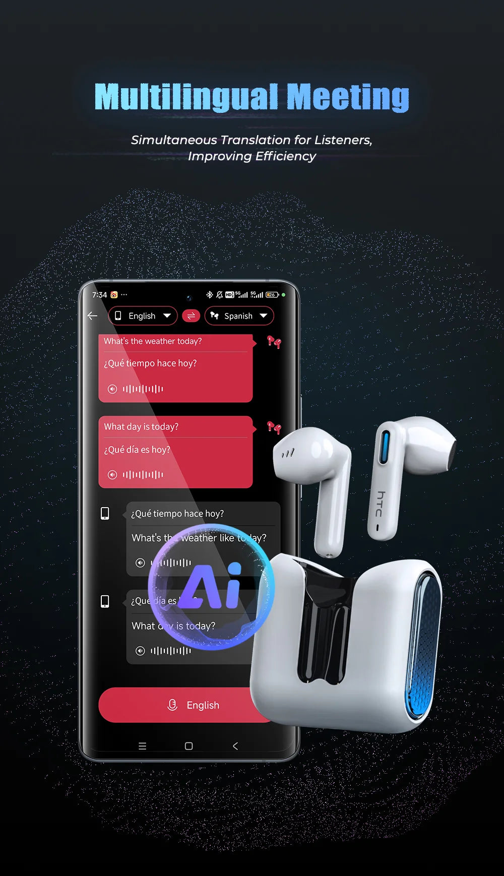 2026 Language Translator Earbuds HTC NE49 TWS Low Latency Gaming Earphones Bluetooth HiFi Stereo Sound HD Call With Mic
