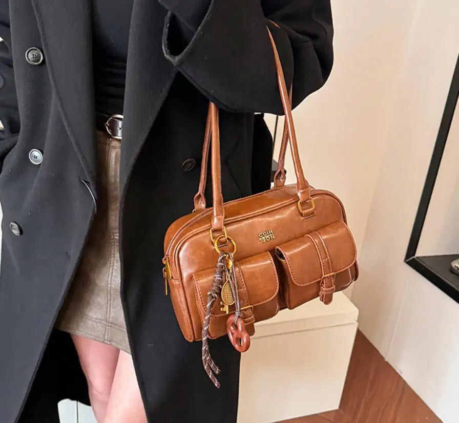 Women Multi Pocket Shoulder Tote Bag with Golden-Tone Hardware & Letter, Stylish Handbag Purse for Travel, Work, Shopping, Dates
