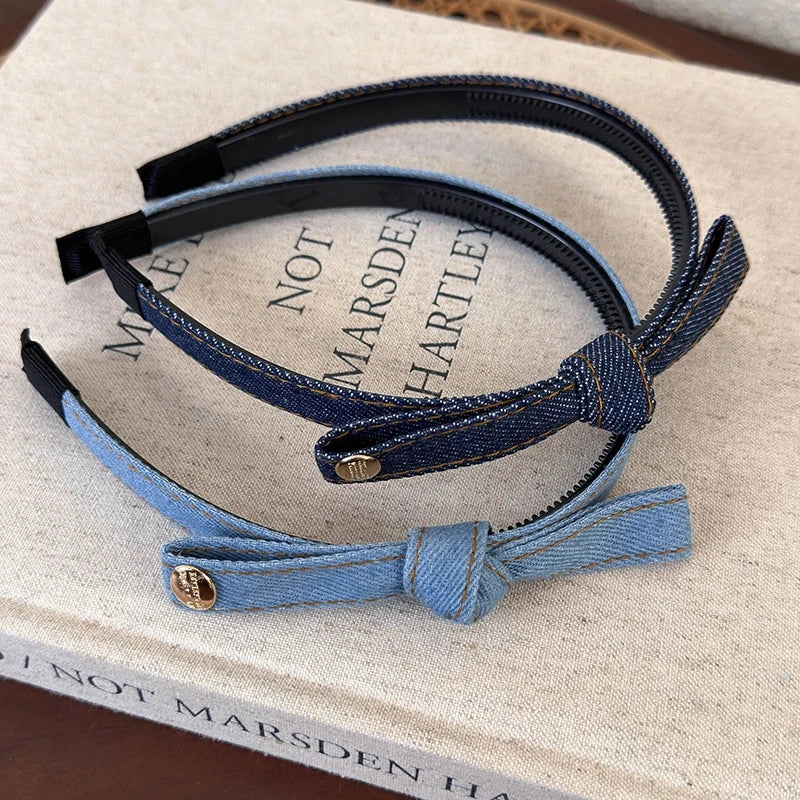 Elegant Denim Blue Bow Hairband with Tooth Retro Headband for Women Girls Hair Bands Hair Accessories